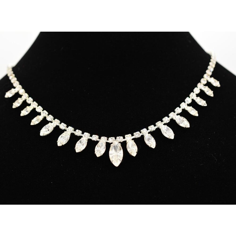 Vintage Crystal Necklace Collar Marquise Rhinestone Prong Silver NOS 1980s Bin1D